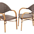 Set of Two Woven Rattan Armchairs with Wooden Armrests and Brown Seats