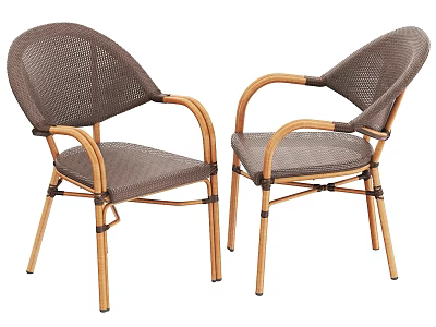 Set of Two Woven Rattan Armchairs with Wooden Armrests and Brown Seats 3d model