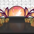 Decorated Banquet Hall With Purple Lighting Stage Pink Decorations And Tables Chairs Setup