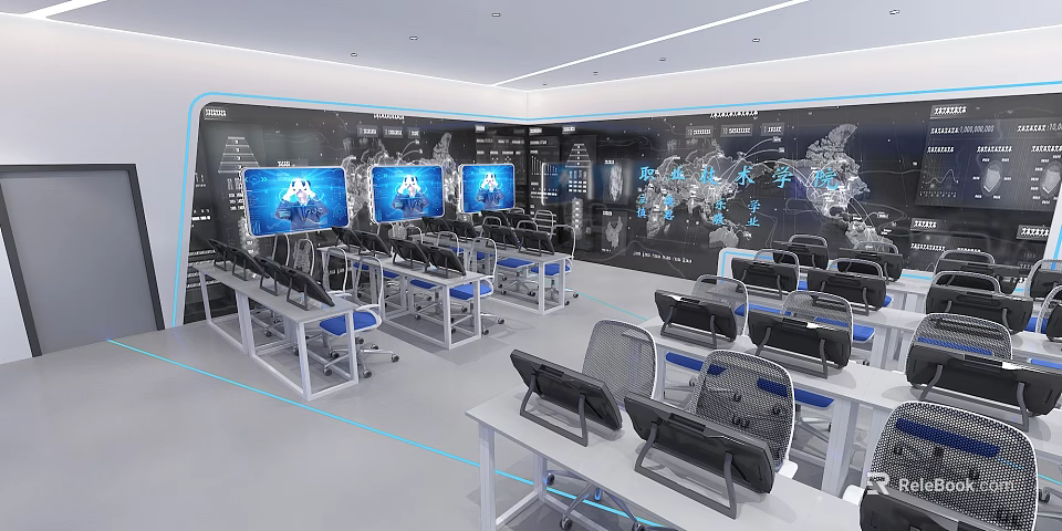 School Digital Learning Classroom With World Map Wall Multiple Screens And Student Desks 3d model 