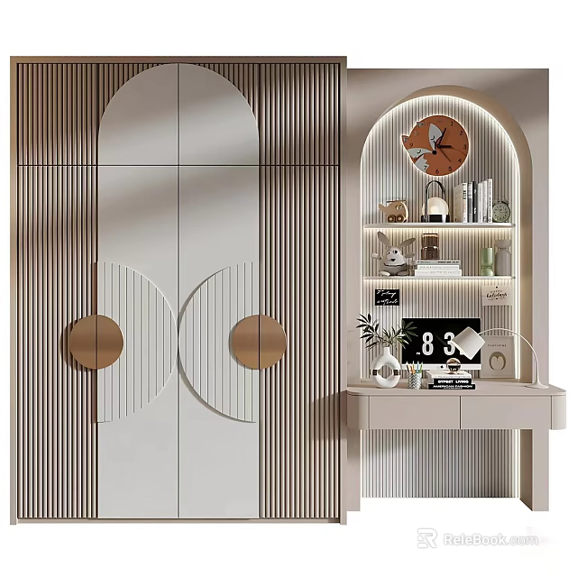 Modern Elegant Dressing Table With Arched Lighting Wall Cabinets Decorative Items Clock And Potted Plant 3d model 