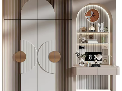 Modern Elegant Dressing Table With Arched Lighting Wall Cabinets Decorative Items Clock And Potted Plant 3d model