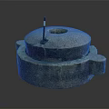 Cow Standing Near Traditional Stone Mill with Metal Rod on Dark Background