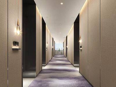 Hotel Corridor Featuring Beige Walls Recessed Wall Lamps Purple Gray Gradient Carpet And Room Doors 3d model