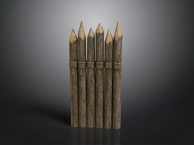 Rustic Wooden Fence With Roped Bindings And Sharp Pointed Tops 3d model
