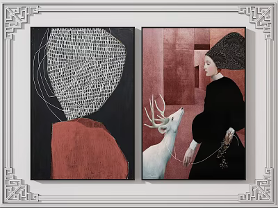 Abstract Paintings With Red Background Figure And White Deer In Decorative Frame 3d model