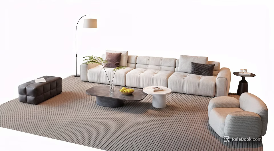 Modern Sofa Set With Coffee Tables Light Cushions Floor Lamp And Striped Rug 3d model 