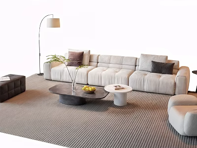 Modern Sofa Set With Coffee Tables Light Cushions Floor Lamp And Striped Rug 3d model