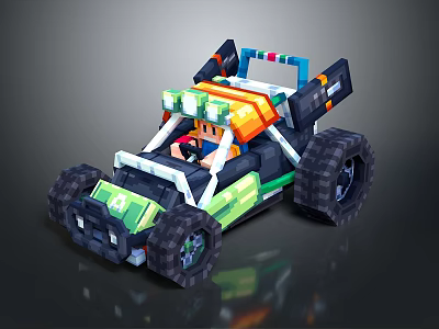 Pixel Style Off Road Vehicle With Large Tires And Driver Character In Bright Colors 3d model