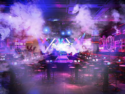 Bar Stools in Neon Lit Bar With Smoky Atmosphere Stage And Tables With Drinks 3d model