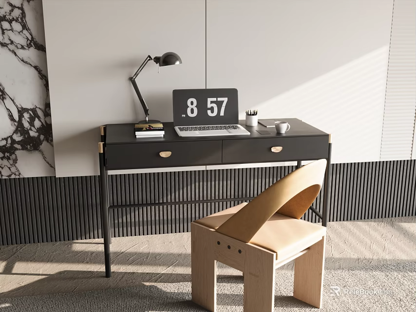 Modern Desk Setup with Laptop Desk Lamp and Chair in Natural Light Room 3d model 