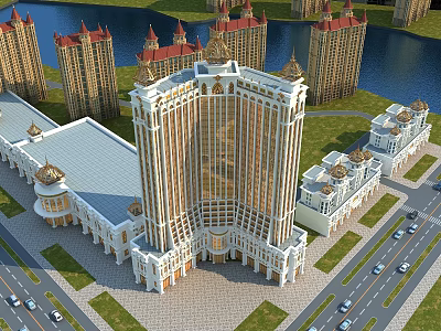 Luxurious Hotel Building With Classical Architecture Near Waterfront And Surrounding Towers 3d model