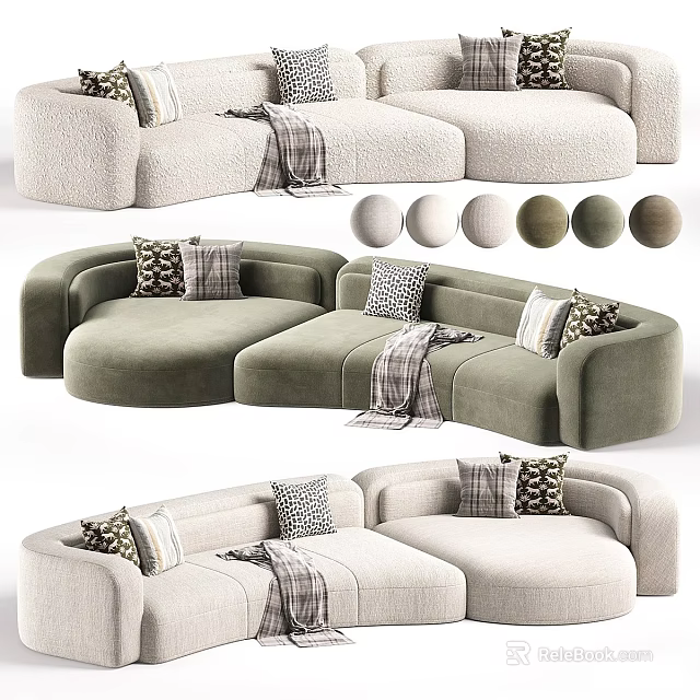 Modern Sectional Sofa in Green and Beige with Decorative Pillows and Plaid Blanket 3d model 