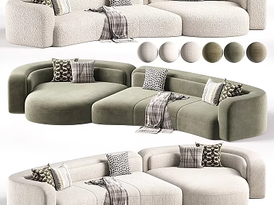 Modern Sectional Sofa in Green and Beige with Decorative Pillows and Plaid Blanket 3d model