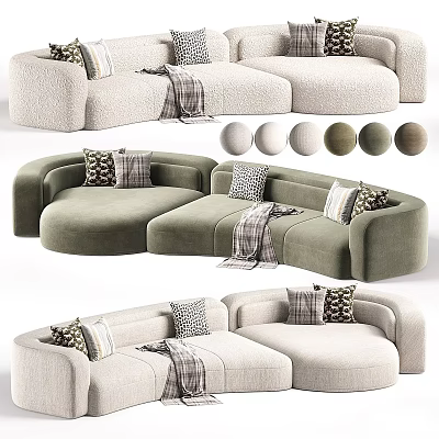 Modern Sectional Sofa in Green and Beige with Decorative Pillows and Plaid Blanket 3d model