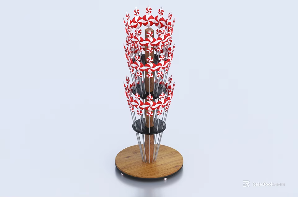 Multi Tiered Display Rack With Red And White Lollipops On Wooden Base And Metal Rods 3d model 