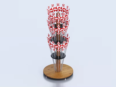 Multi Tiered Display Rack With Red And White Lollipops On Wooden Base And Metal Rods 3d model