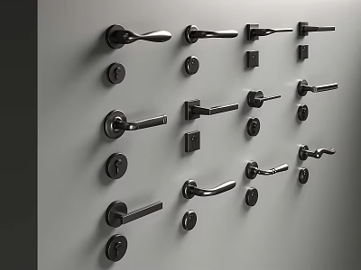 Assorted Black Door Handles with Various Designs Mounted on Gray Wall 3d model
