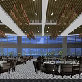 Elegant Banquet Hall With Chandeliers Wooden Ceiling Dining Tables Chairs And City View