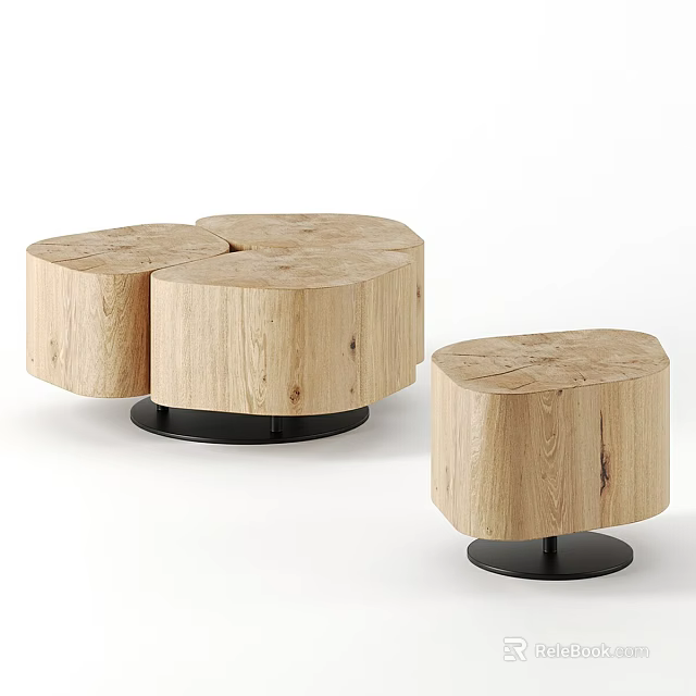 Wooden Coffee Table with Tree Stump Shape Three Pieces and Black Base 3d model