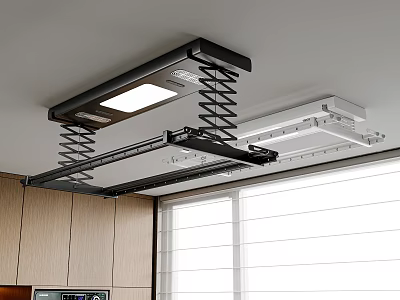 Ceiling Mounted Black And White Spring Loaded Clothes Hanger With Light In Modern Kitchen 3d model