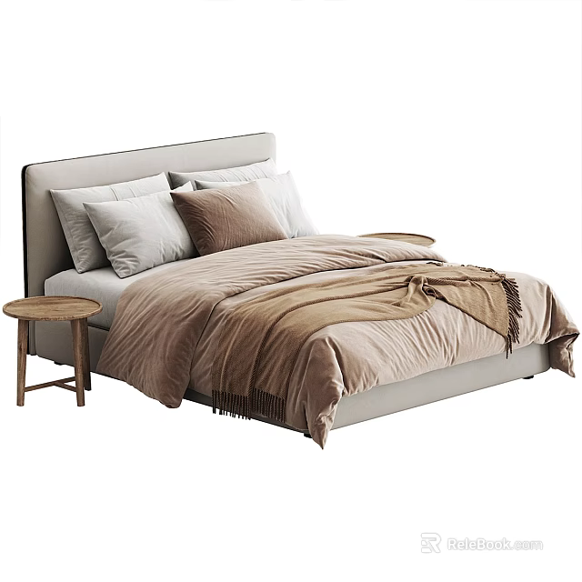 Modern Double Bed With Upholstered Headboard Pillows Quilt And Wooden Side Table 3d model 