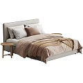 Modern Double Bed With Upholstered Headboard Pillows Quilt And Wooden Side Table