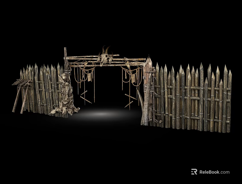 Rustic Wooden Gate With Spiked Fences And Decorative Hanging Elements 3d model