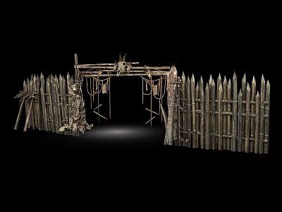 Rustic Wooden Gate With Spiked Fences And Decorative Hanging Elements 3d model