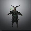 Mystical Shaman Character With Antler Headdress Green Glowing Accessory And Dark Outfit