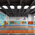 Modern Indoor Basketball Court With Sports Gear And Wall Decor