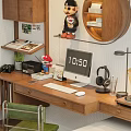 Cozy Study Room with Mario Decor Circular Shelf Bookshelves Computer Desk Lamp and Potted Plant