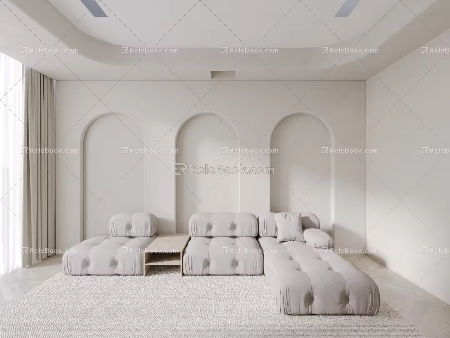 Modern corner sofa cream sofa carpet curtain combination 3d model