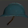 Vintage Soldier Helmet In Blue With Worn Surface And Brown Strap