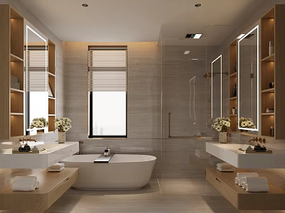 Modern Bathroom Interior With Freestanding Bathtub Double Vanities Mirrors And Wooden Elements 3d model