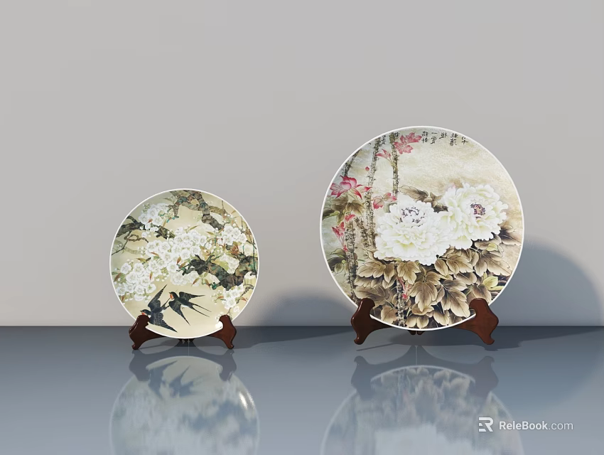 Elegant Decorative Round Plates with Floral Patterns on Wooden Stands 3d model