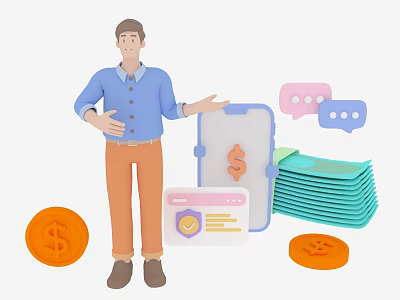 Game and Movie Character Displaying Smartphone Cash Chat Bubbles and Coins 3d model