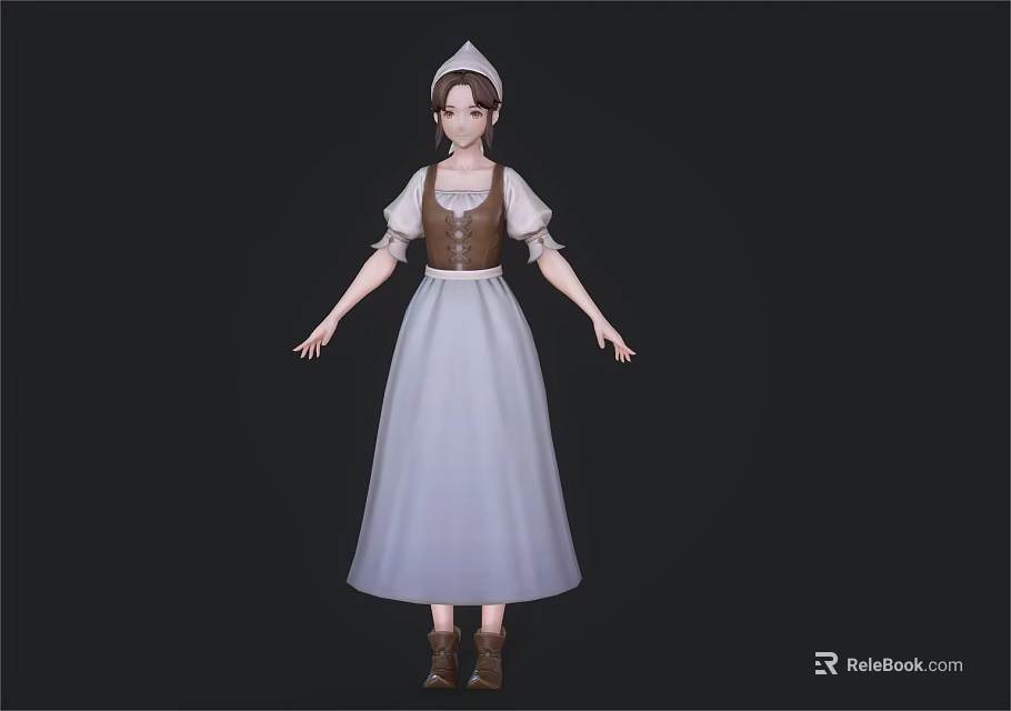 Woman in Medieval Style Costume With Long White Dress Brown Vest White Sleeves and Boots 3d model 