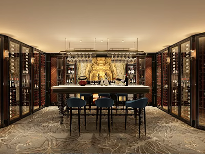 Luxurious Bar Interior With Wine Racks Counter Seats And Decorative Wall Art 3d model