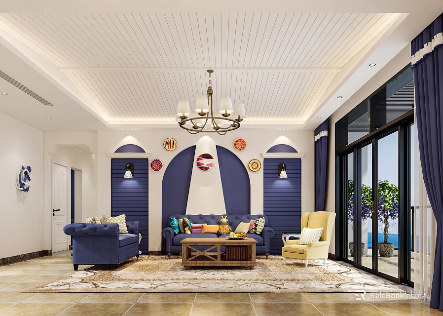 Stylish Mediterranean Living Room With Blue Sofas Wooden Coffee Table And Large Glass Windows 3d model 
