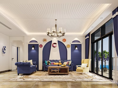 Stylish Mediterranean Living Room With Blue Sofas Wooden Coffee Table And Large Glass Windows 3d model