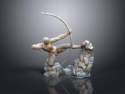 Dynamic Bronze Archer Statue With Bow And Rock Base Sculpture Design 3d model