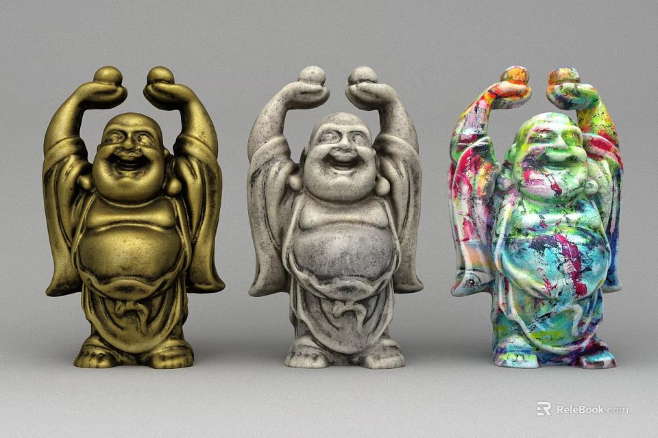 Golden Gray and Colorful Laughing Buddha Sculptures with Raised Hands and Smiling Faces 3d model 