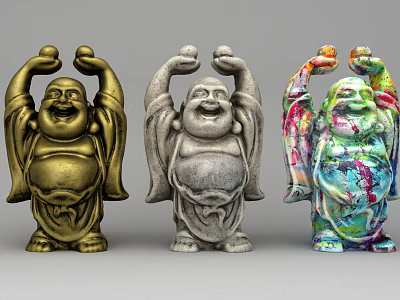 Golden Gray and Colorful Laughing Buddha Sculptures with Raised Hands and Smiling Faces 3d model