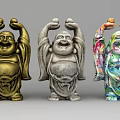 Golden Gray and Colorful Laughing Buddha Sculptures with Raised Hands and Smiling Faces
