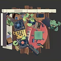 Colorful 3D Creative Room Interior With Keyboard Table Chair Poster And Plants
