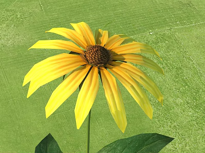 Vibrant Yellow Flower With Yellow Petals Brown Center Green Leaves And Green Grass Background 3d model