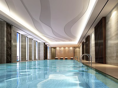 Modern Indoor Swimming Pool Interior With Wavy Ceiling Ambient Lighting And Handrails 3d model