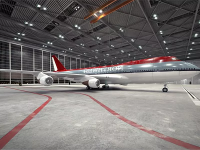 RAFALE Passenger Plane Parked In Spacious Hangar With Ceiling Lights And Red Ground Lines 3d model