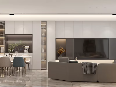 Modern Living and Dining Room Interior With Grey Sofa TV Wall Dining Table And Plants 3d model